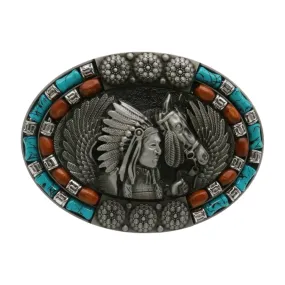 Beaded Native American Indian Chief & Horse Oval Metal Belt Buckle