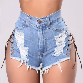 BerriesJam - 2024 Vintage Ripped Hole Fringe Blue Denim Shorts