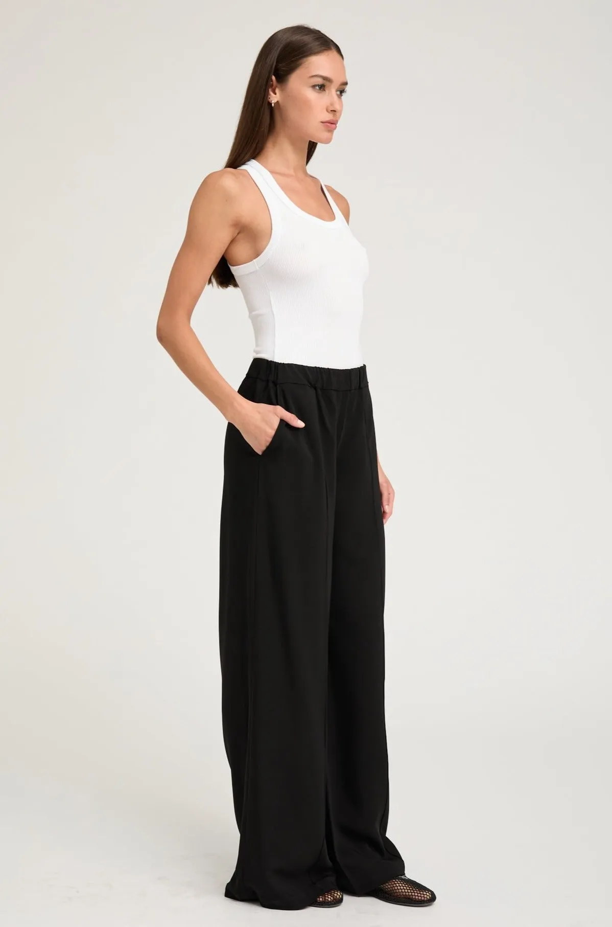 Black Crepe Wide Leg Pintuck Trousers