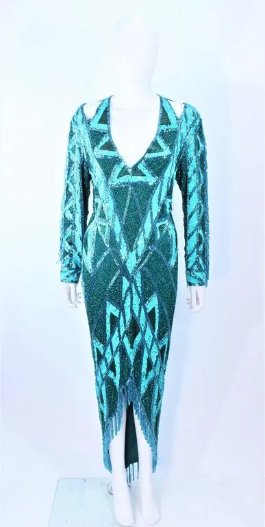 BOB MACKIE Circa 1980s Turquoise Beaded Gown