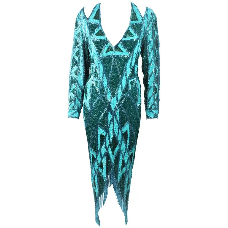 BOB MACKIE Circa 1980s Turquoise Beaded Gown