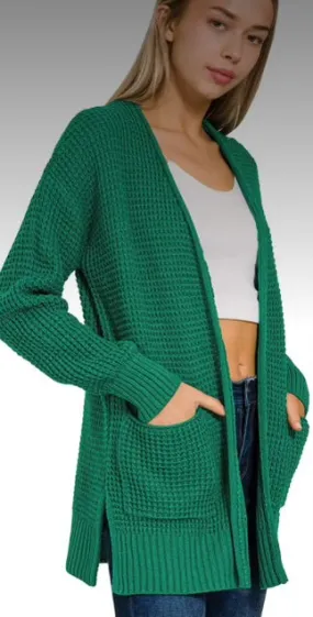 Cardigans- Green Cardigan w/ pockets and side slits