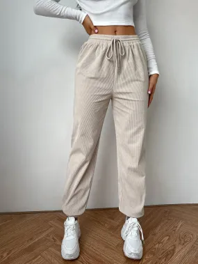 Casual Plain Drawstring High Waist Long Women Pants