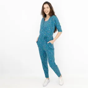 Frugi Bloom Teal Astrology Print for Maternity and Nursing Short Sleeve Cross Wrap Soft Jersey Jumpsuits