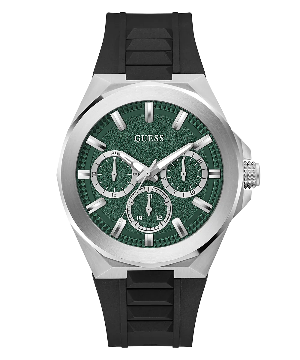 GUESS Mens Black Silver Tone Multi-function Watch