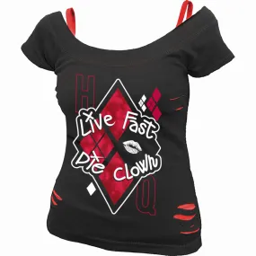 HARLEY QUINN - DIE CLOWN - 2in1 Red Ripped Top Black