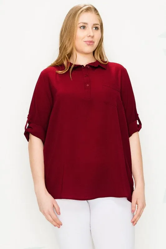 HI Curvy Plus Size Women KOSHIBO ROLL UP SLEEVE 3/4 Sleeve Shirts