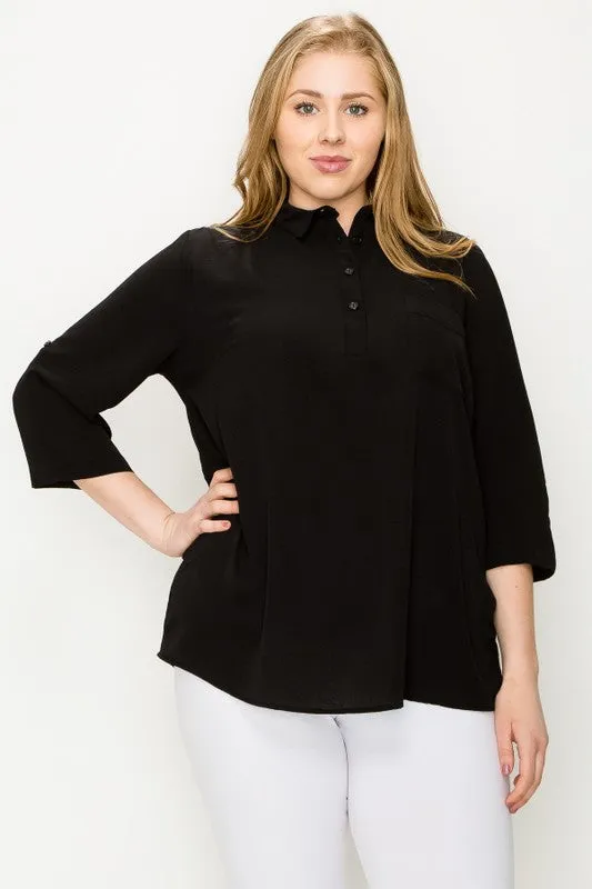 HI Curvy Plus Size Women KOSHIBO ROLL UP SLEEVE 3/4 Sleeve Shirts