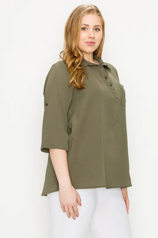 HI Curvy Plus Size Women KOSHIBO ROLL UP SLEEVE 3/4 Sleeve Shirts