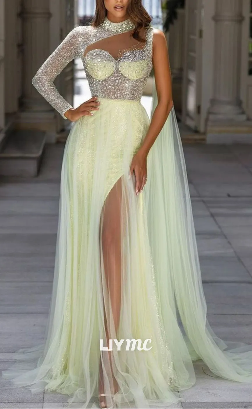 LP1100 - A Line High Neckline Long Sleeves Beads Formal Prom Dress with Slit