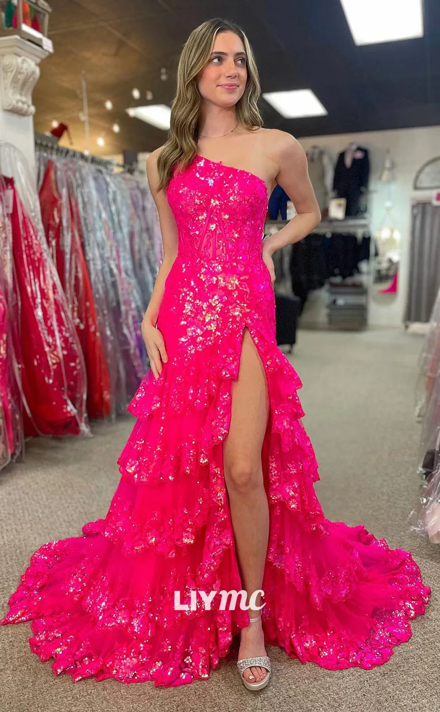 LP1198 - One Shoulder Sequins Appliques Pink Mermaid Formal Prom Dress with Slit