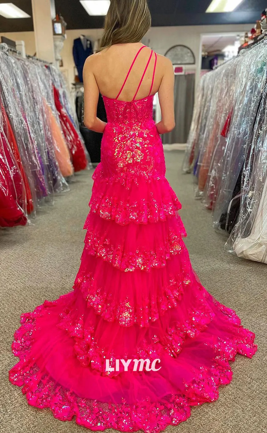 LP1198 - One Shoulder Sequins Appliques Pink Mermaid Formal Prom Dress with Slit