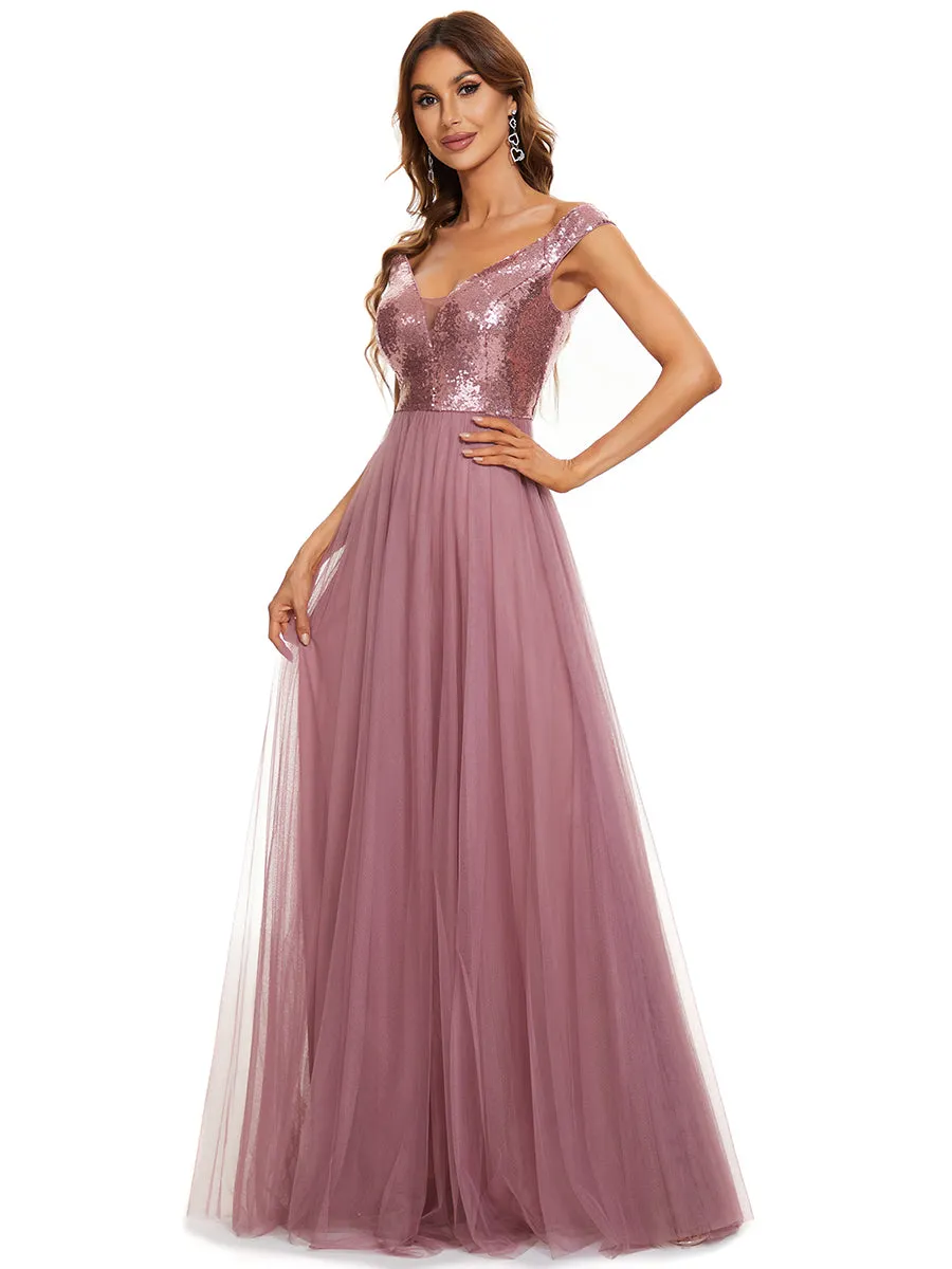 Wholesale High Waist Tulle & Sequin Sleeveless V Neck Evening Dress