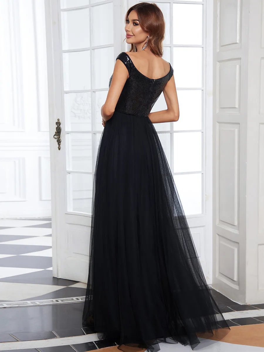 Wholesale High Waist Tulle & Sequin Sleeveless V Neck Evening Dress