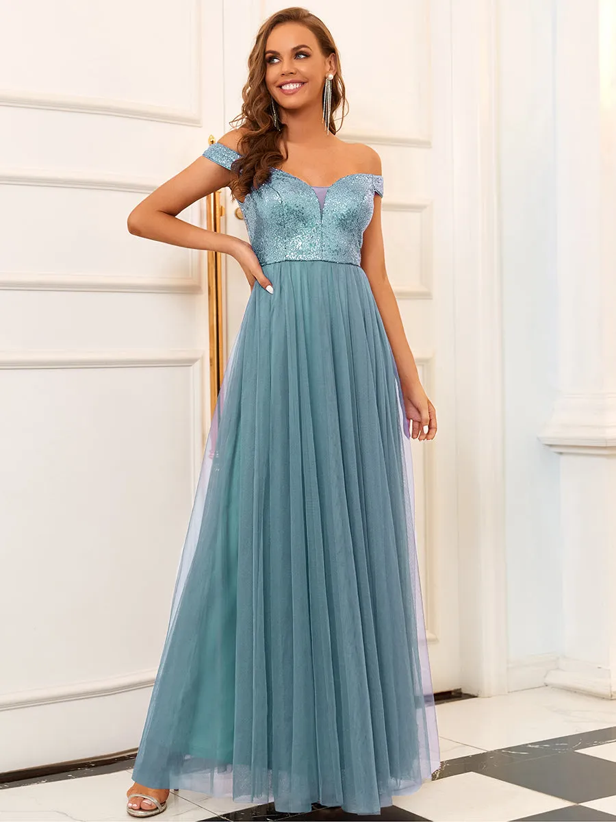 Wholesale High Waist Tulle & Sequin Sleeveless V Neck Evening Dress