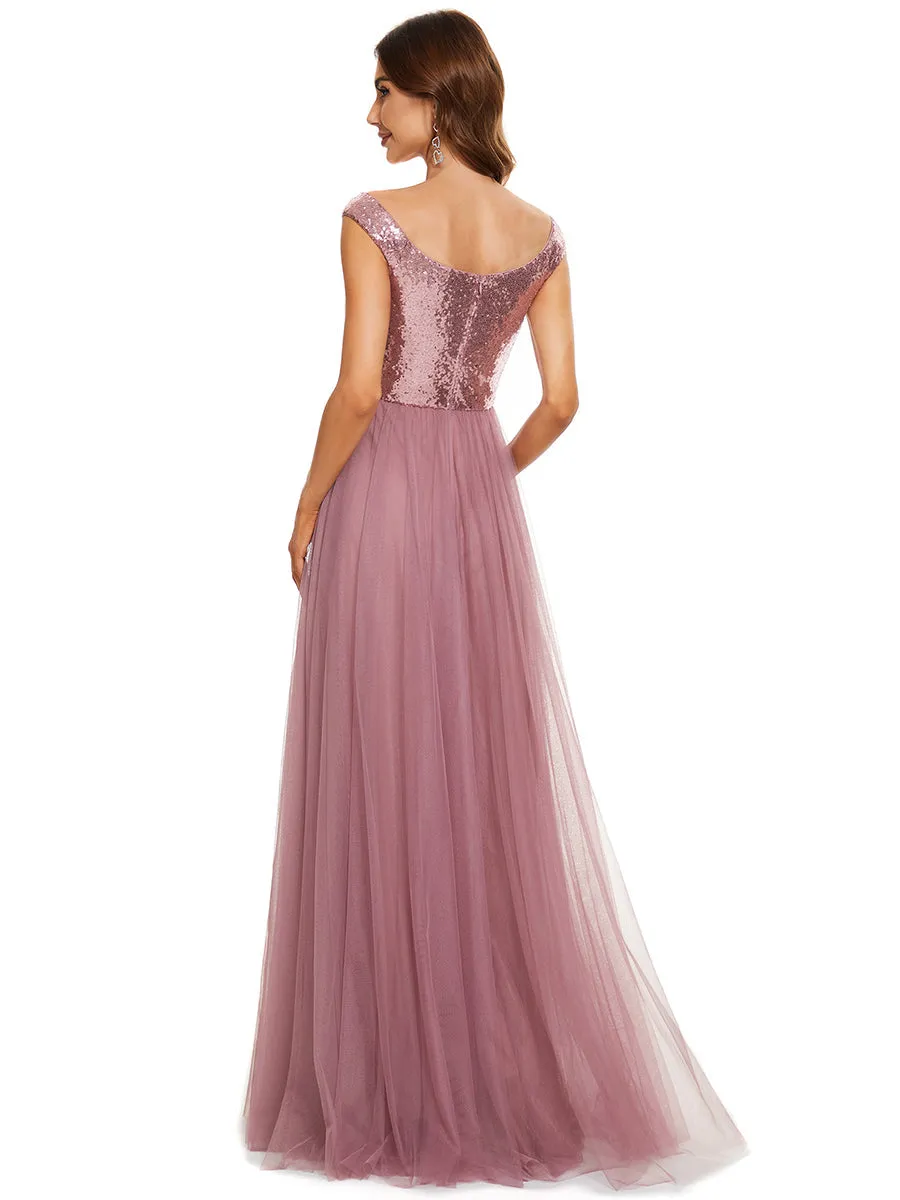 Wholesale High Waist Tulle & Sequin Sleeveless V Neck Evening Dress