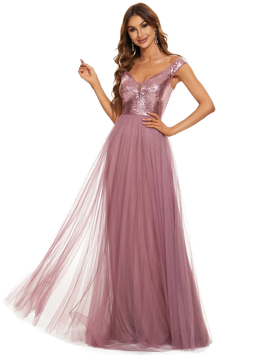 Wholesale High Waist Tulle & Sequin Sleeveless V Neck Evening Dress