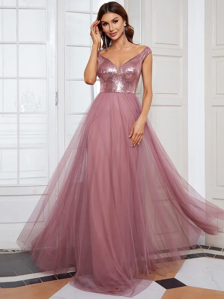 Wholesale High Waist Tulle & Sequin Sleeveless V Neck Evening Dress