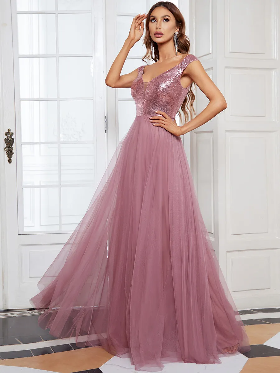 Wholesale High Waist Tulle & Sequin Sleeveless V Neck Evening Dress