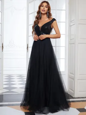 Wholesale High Waist Tulle & Sequin Sleeveless V Neck Evening Dress